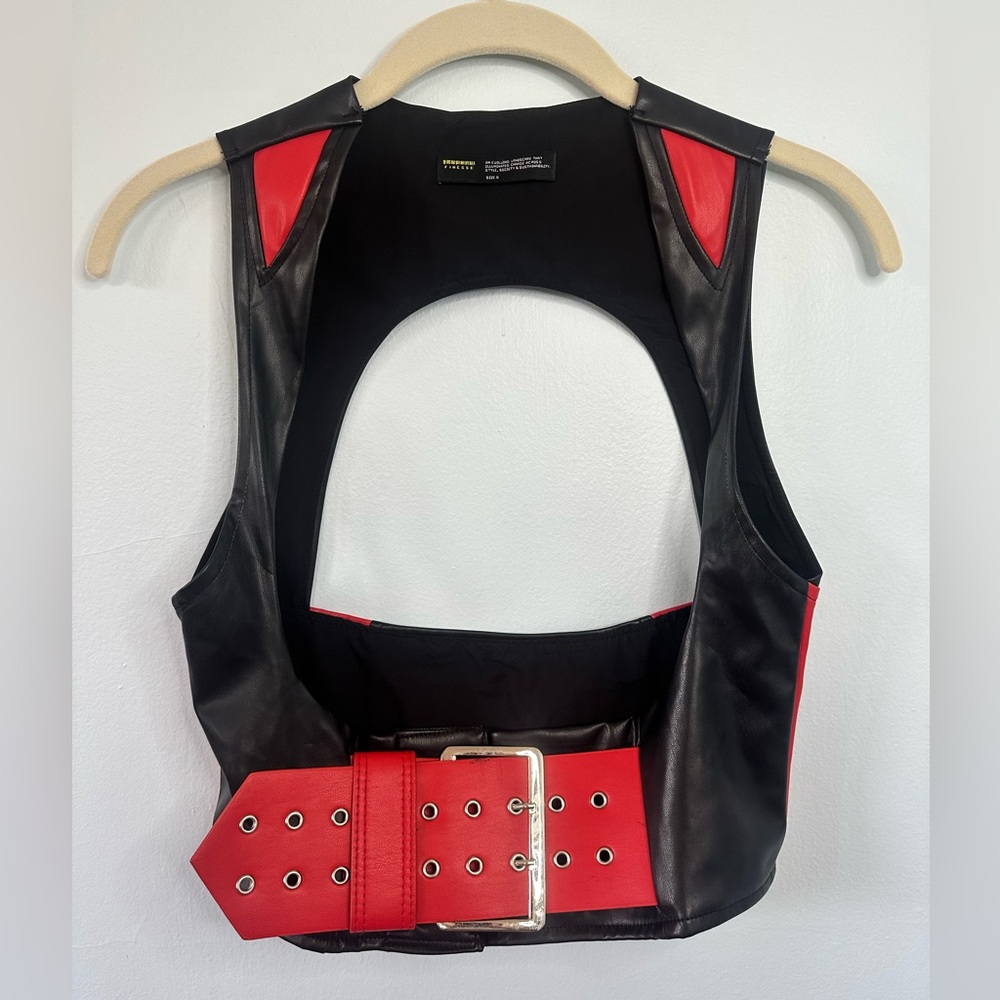 Biker Y2K Black and Red Leather Belt Top
